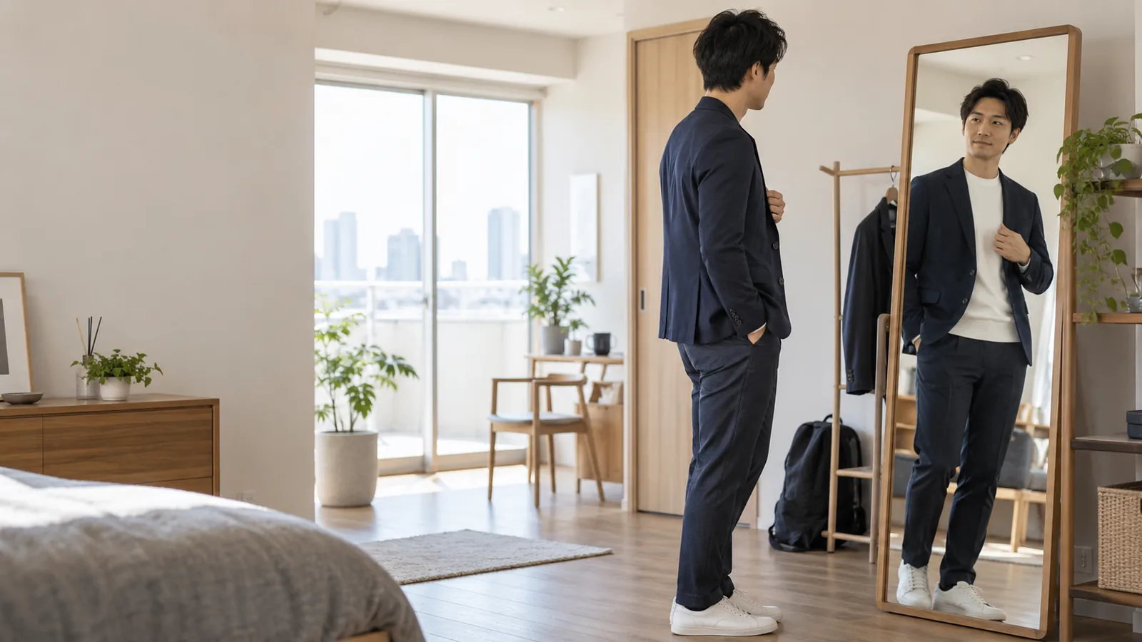 鏡の前でジャケットの着こなしを確認する男性